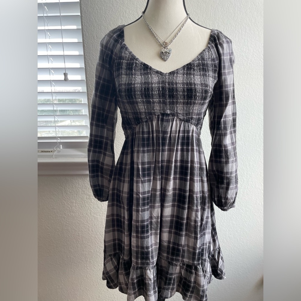 Hollister Black and Gray Plaid Long Sleeve Dress